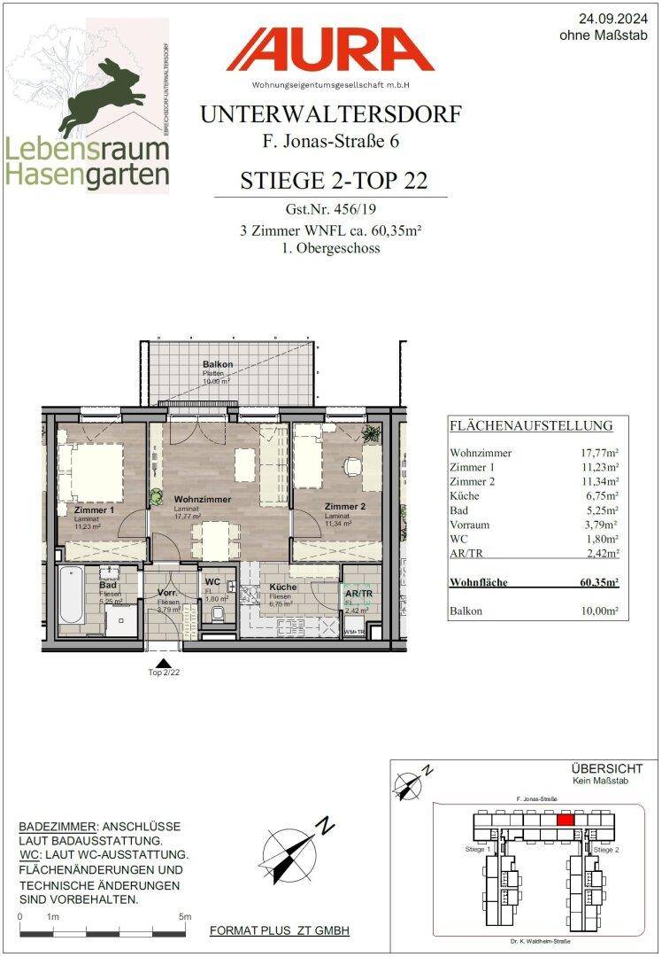 Grundriss einer 3-Zimmer-Wohnung mit Balkon und detaillierter Flächenaufstellung.
