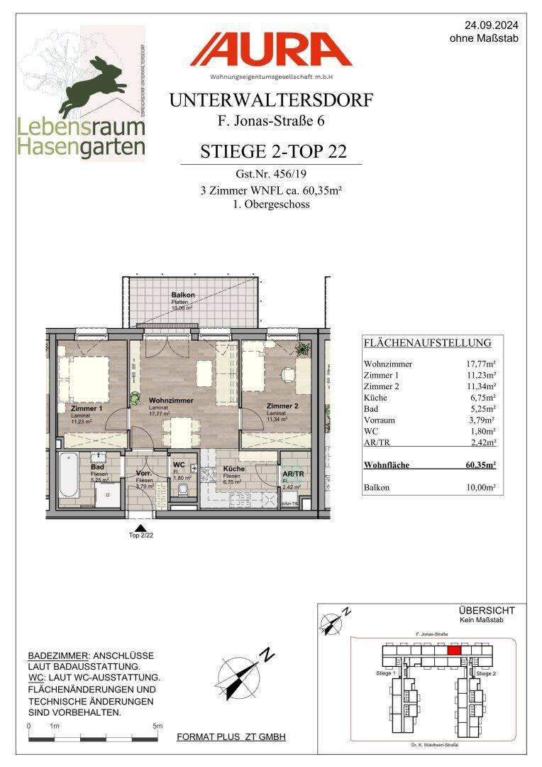 Detaillierter Grundriss einer Wohnung mit Balkon und separatem WC.