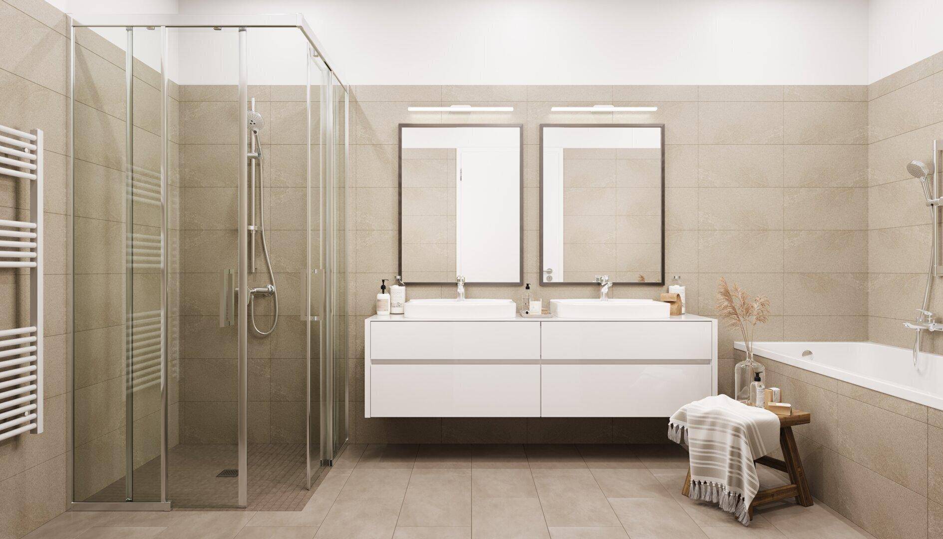 Modernes Badezimmer mit begehbarer Dusche, Badewanne, Doppelwaschbecken und beigen Fliesen.