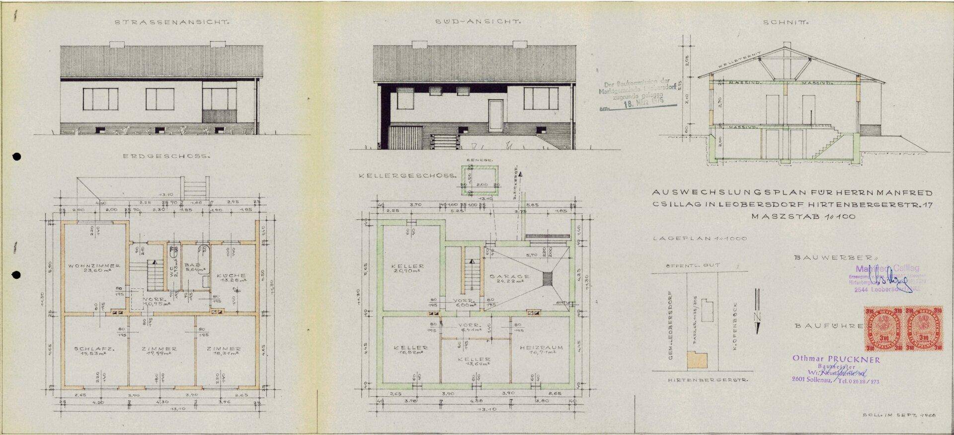 Historischer Auswechslungsplan eines Hauses mit Grundrissen für Erdgeschoss und Kellergeschoss sowie Ansichten.