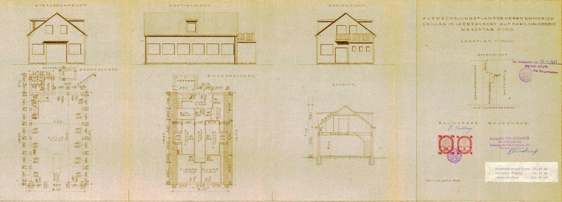 Historischer Auswechslungsplan eines Hauses mit Grundrissen und Ansichten, inklusive Dachgeschoss.