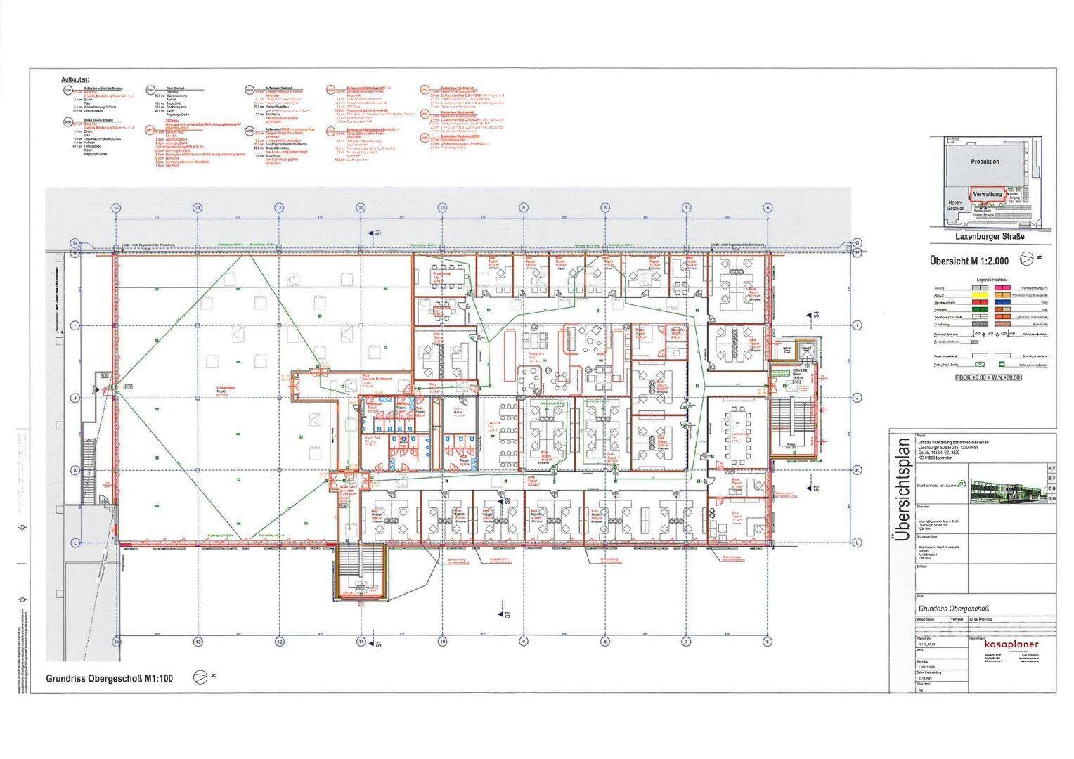 Detaillierter Grundriss des Obergeschosses mit zahlreichen Büros, Besprechungsräumen und Sanitäranlagen.