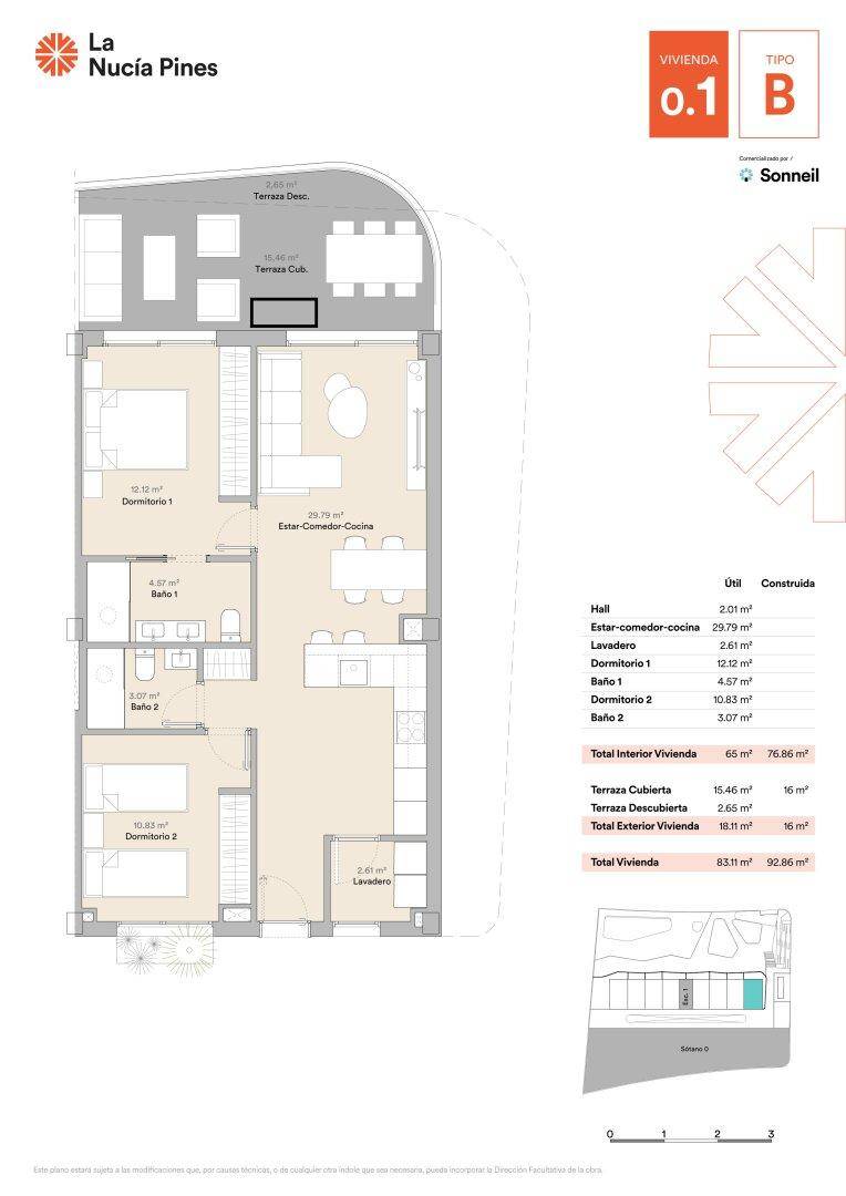 Grundriss einer Wohnung mit zwei Schlafzimmern, zwei Bädern und einer großen Terrasse.