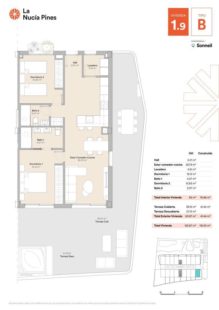 Grundriss einer Wohnung mit zwei Schlafzimmern, zwei Bädern und einer sehr großen Terrasse.