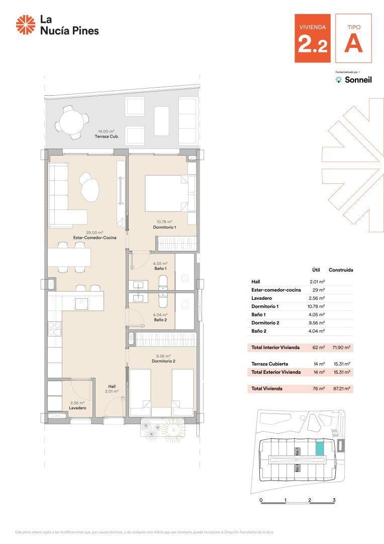Grundriss einer Wohnung mit zwei Schlafzimmern, zwei Bädern und einer überdachten Terrasse.
