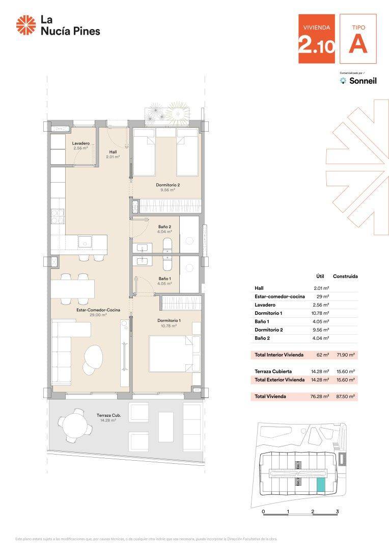 Grundriss einer Wohnung mit zwei Schlafzimmern, zwei Bädern und einer überdachten Terrasse.