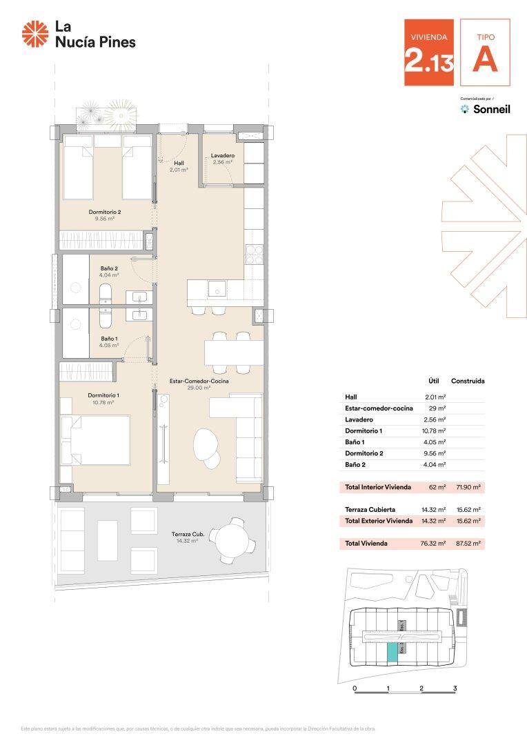 Grundriss einer Wohnung mit zwei Schlafzimmern, zwei Bädern und einer überdachten Terrasse.