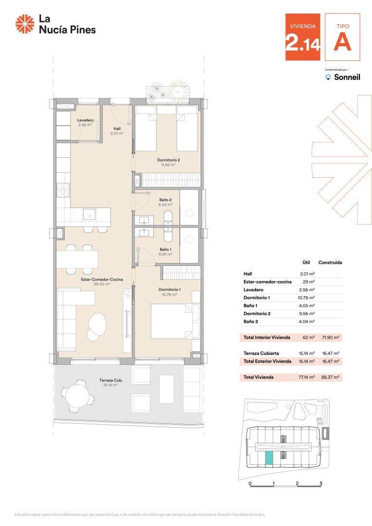 Grundriss einer Wohnung mit zwei Schlafzimmern, zwei Bädern und einer überdachten Terrasse.