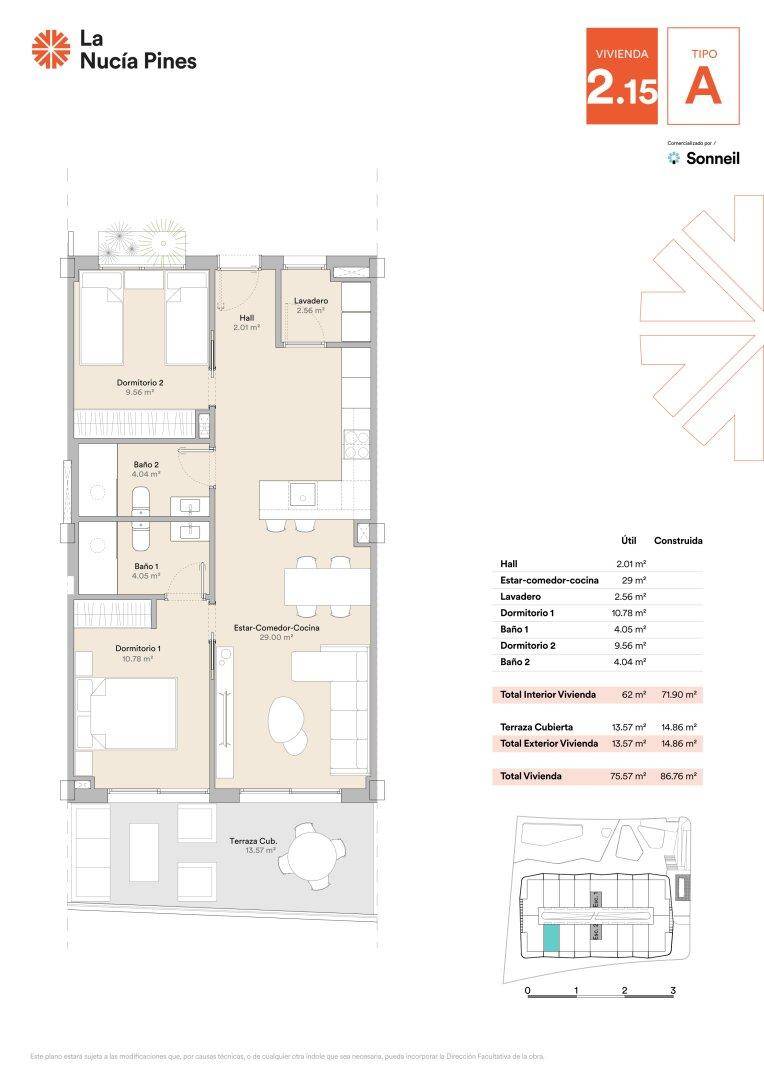 Grundriss einer Wohnung mit zwei Schlafzimmern, zwei Bädern und einer überdachten Terrasse.