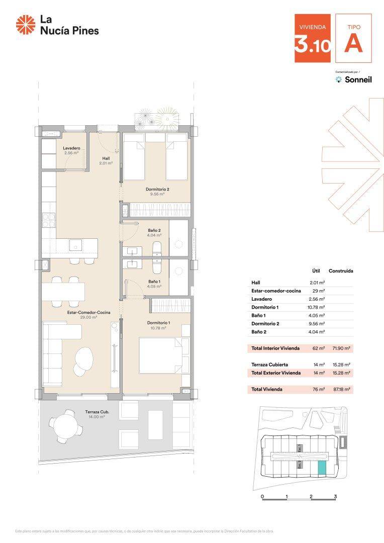 Grundriss einer Wohnung mit zwei Schlafzimmern, zwei Bädern und einer überdachten Terrasse.