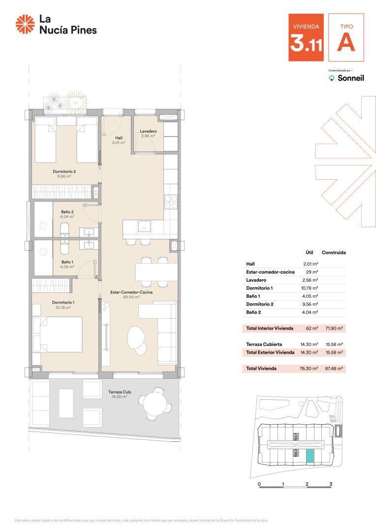 Grundriss einer Wohnung mit offenem Wohn-Essbereich, zwei Schlafzimmern, zwei Bädern und einer überdachten Terrasse.
