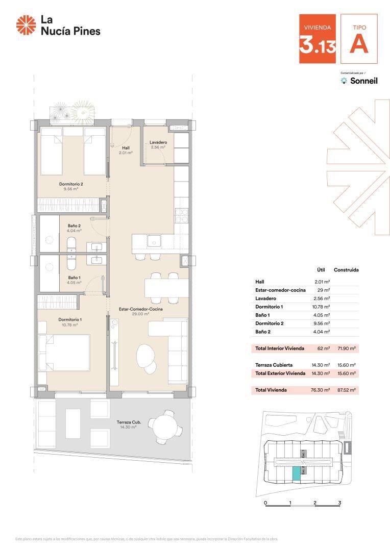 Grundriss einer Wohnung mit offenem Wohn-Essbereich, zwei Schlafzimmern, zwei Bädern und einer überdachten Terrasse.