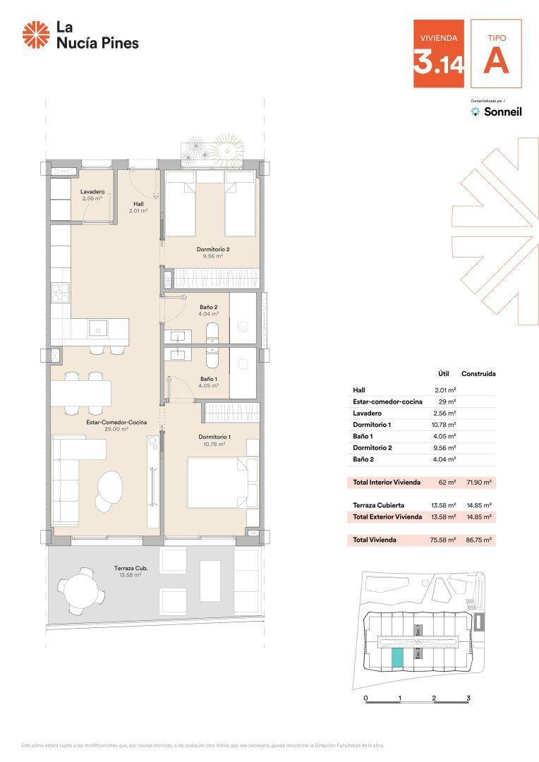 Grundriss einer Wohnung mit offenem Wohn-Essbereich, zwei Schlafzimmern, zwei Bädern und einer überdachten Terrasse.