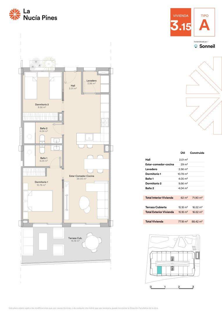 Grundriss einer Wohnung mit offenem Wohn-Essbereich, zwei Schlafzimmern, zwei Bädern und einer überdachten Terrasse.