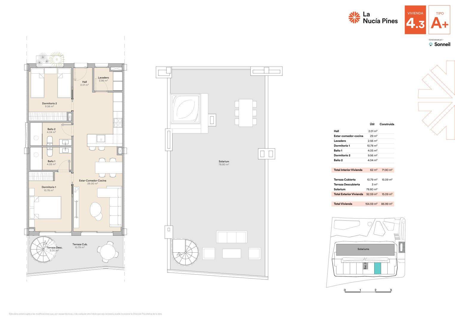 Grundriss einer Wohnung mit offenem Wohnbereich und separatem Dachsolarium mit Whirlpool und Essbereich.