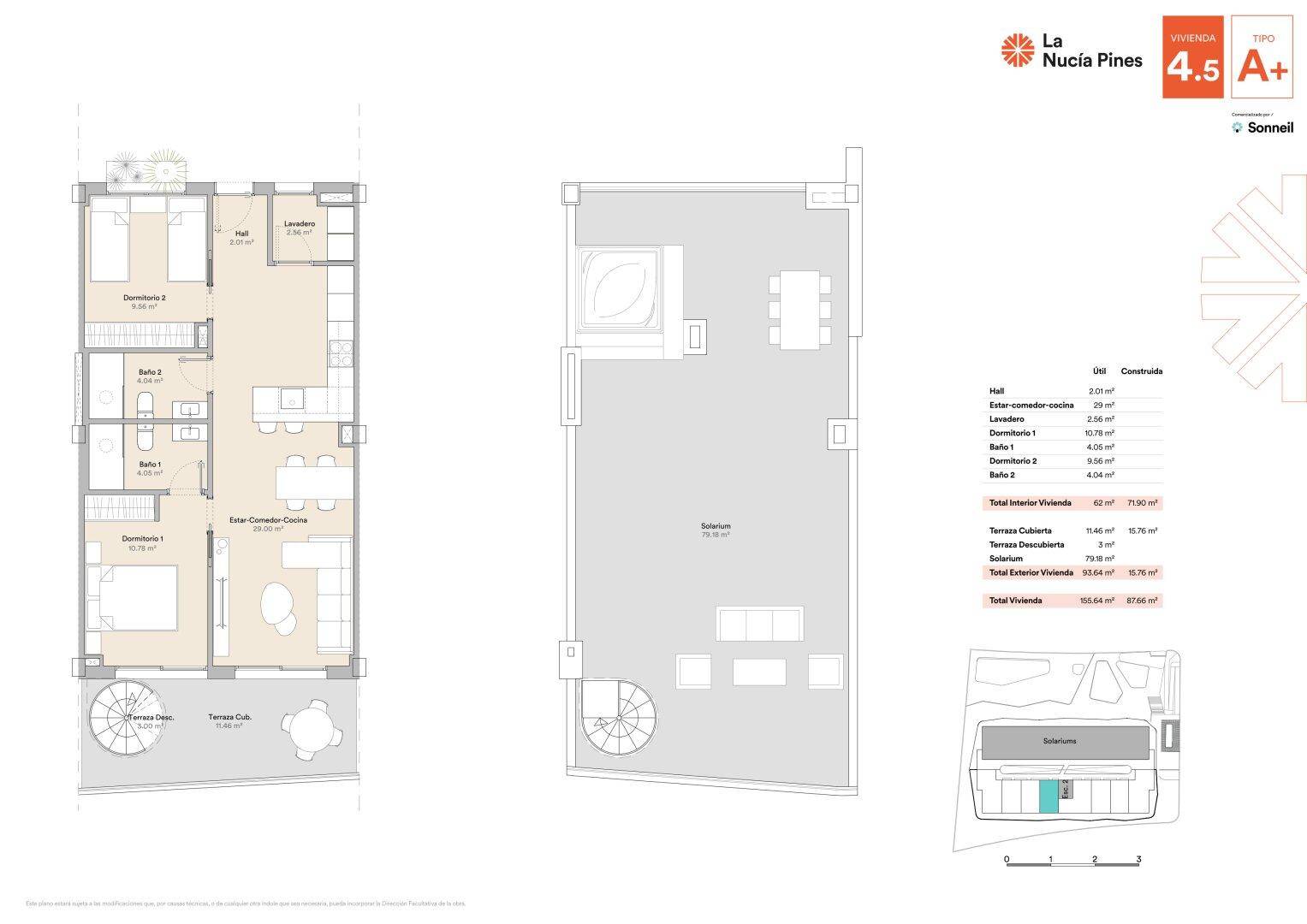 Grundriss einer Wohnung mit offenem Wohnbereich und separatem Dachsolarium mit Whirlpool und Essbereich.