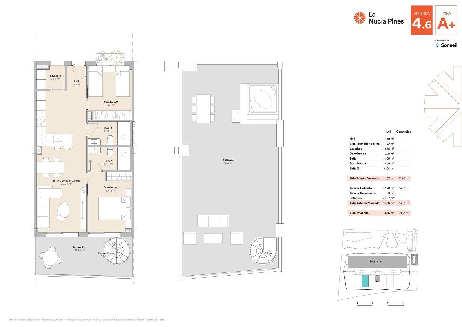 Grundriss einer Wohnung mit offenem Wohnbereich und separatem Dachsolarium mit Whirlpool und Essbereich.