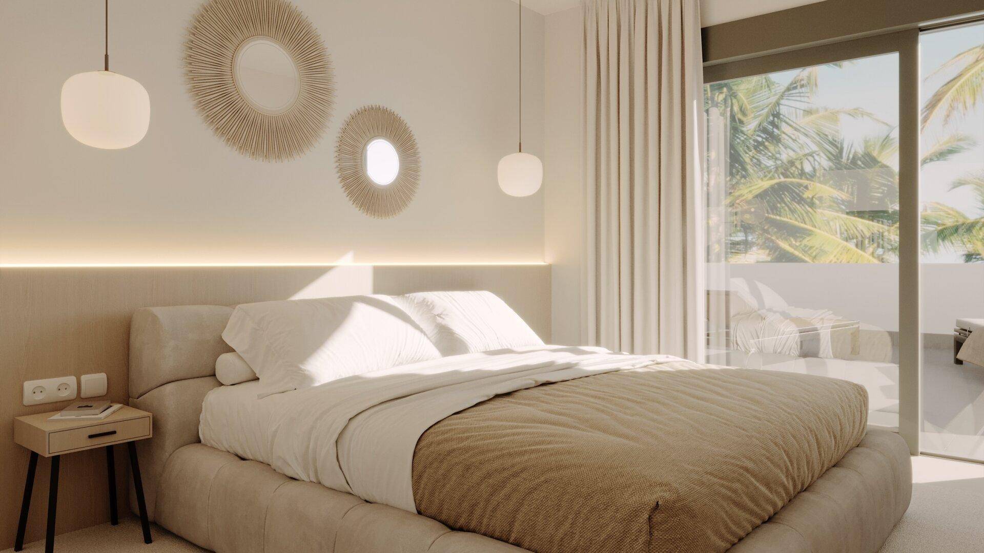 Helles Schlafzimmer mit Doppelbett, indirekter Beleuchtung und Zugang zur Terrasse.