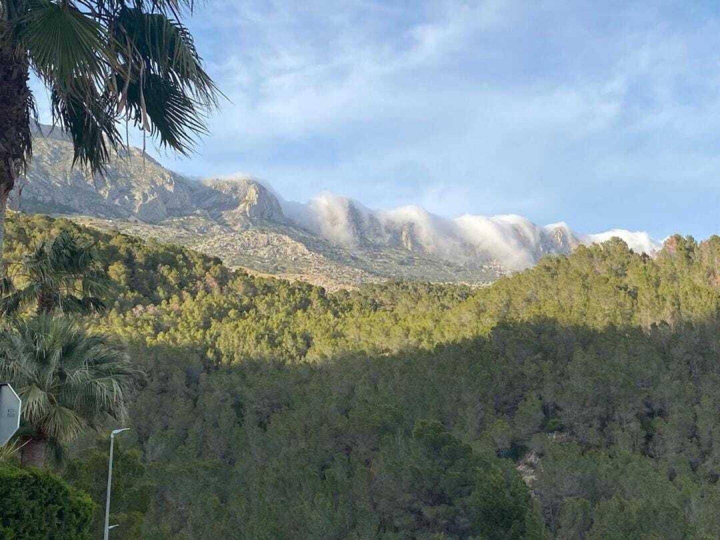 Malerischer Blick auf die bewaldeten Berge mit Wolkenformationen am Horizont.