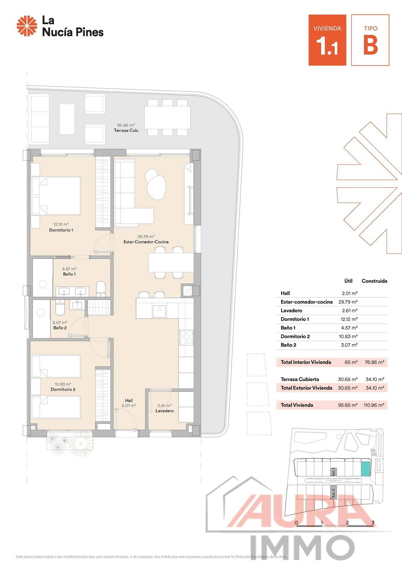 Grundriss der Wohnung 1.1 B mit zwei Schlafzimmern, zwei Bädern und großzügiger Terrasse.
