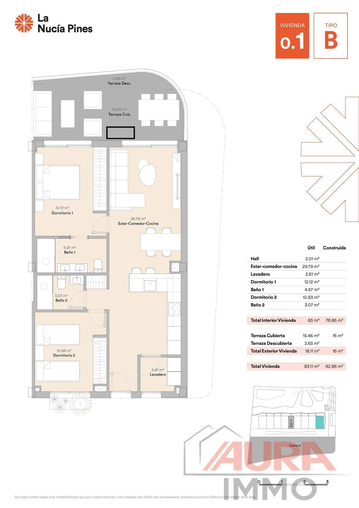 Grundriss der Wohnung 0.1 B mit zwei Schlafzimmern, zwei Bädern und großer Terrasse.