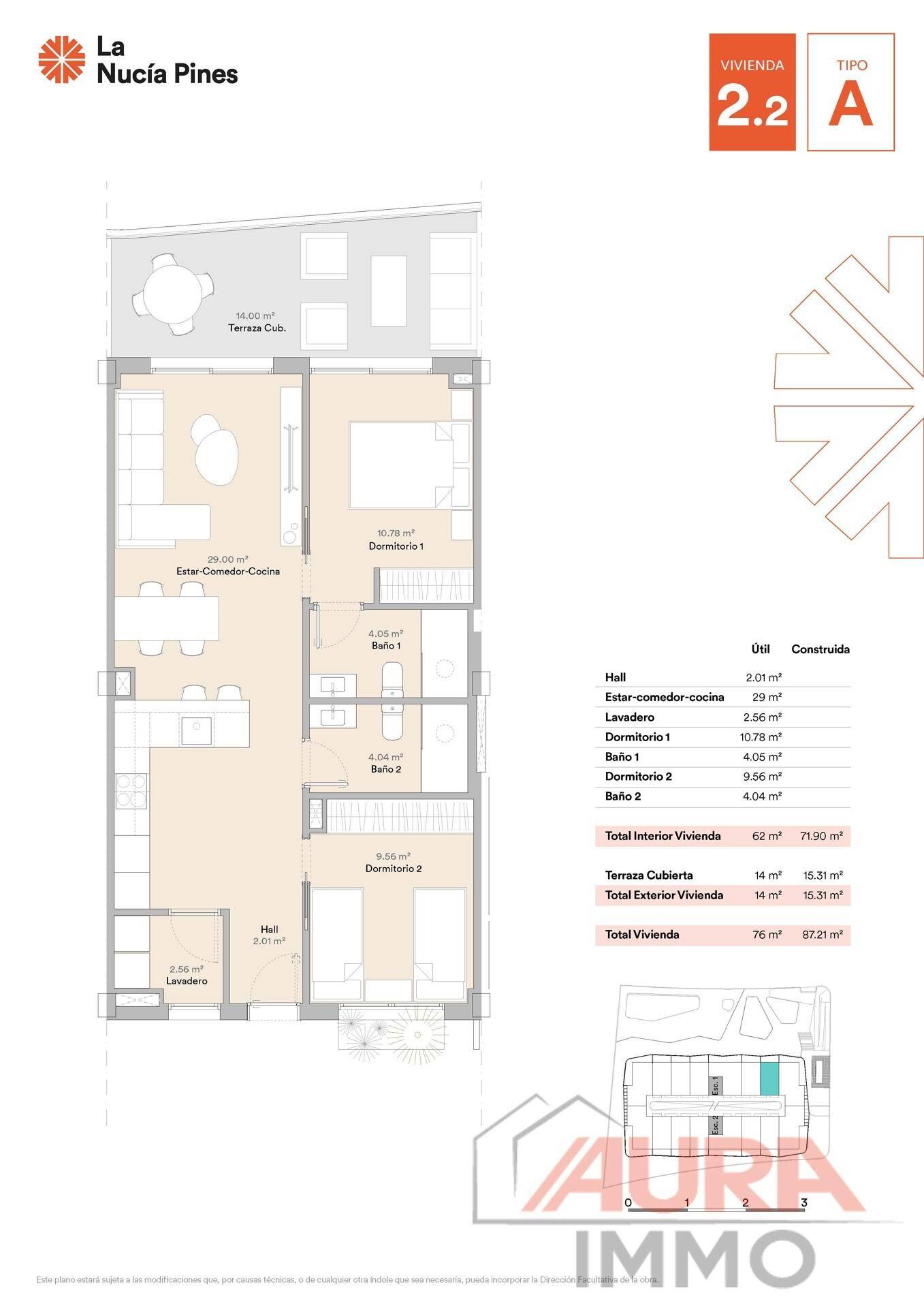 Grundriss der Wohnung 2.2 A mit zwei Schlafzimmern, zwei Bädern und einer Terrasse.