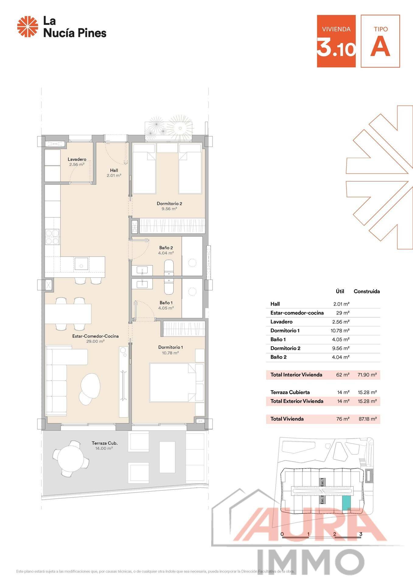 Grundriss der Wohnung 3.10 A mit zwei Schlafzimmern, zwei Bädern und einer Terrasse.