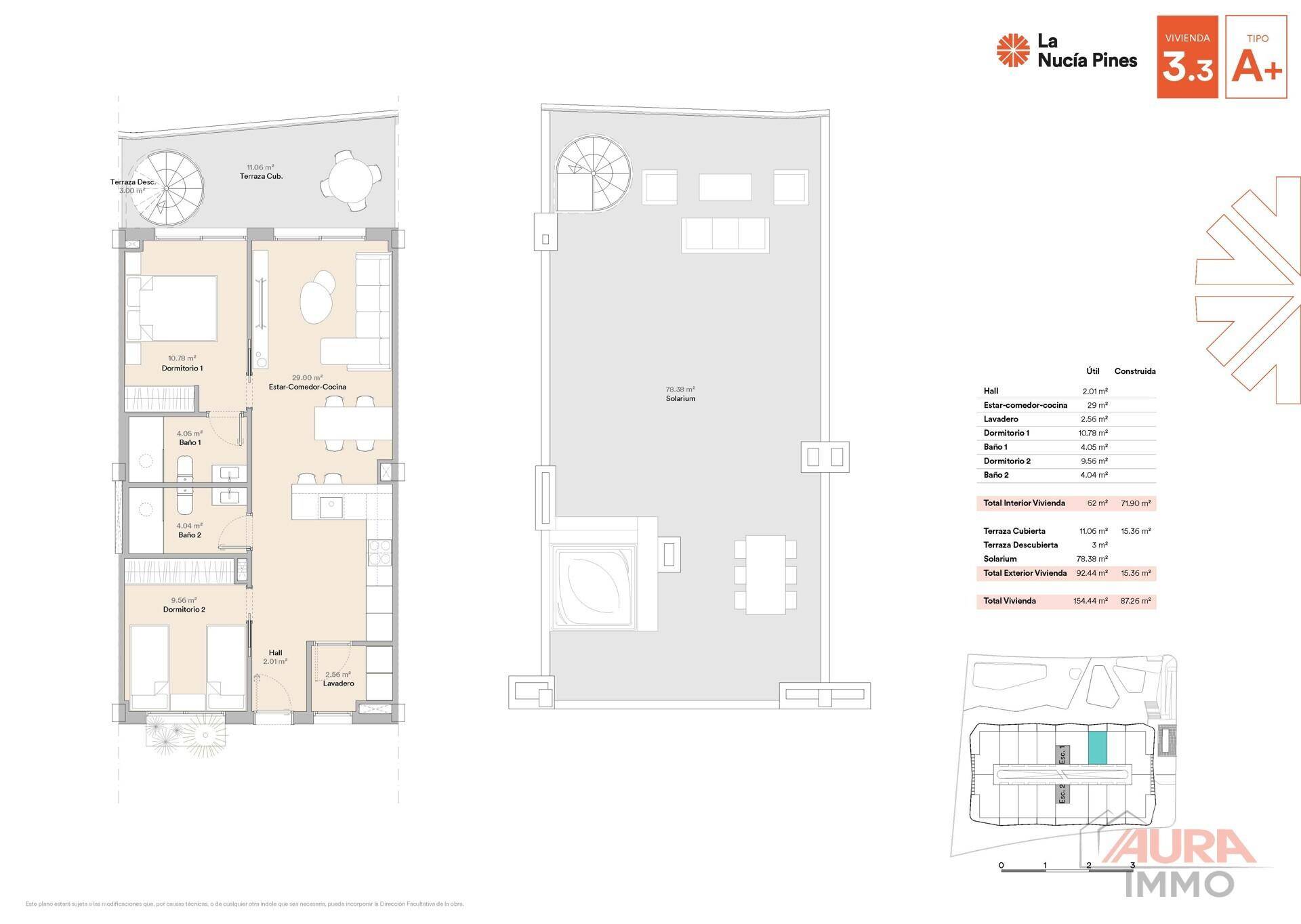 Grundriss der Maisonette-Wohnung 3.3 A+ mit zwei Ebenen und großer Dachterrasse.