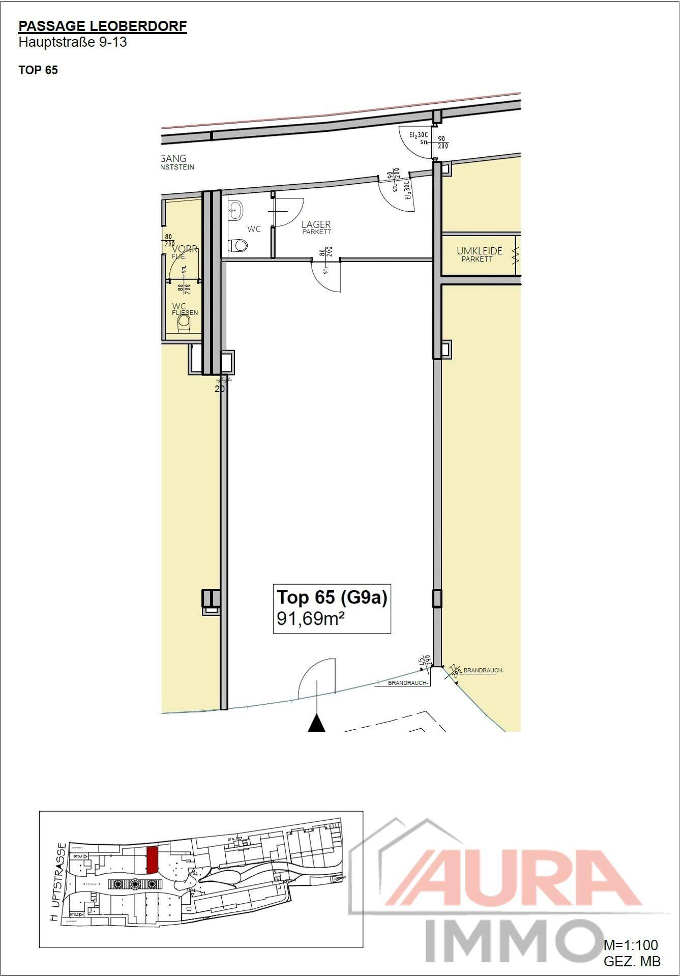 Grundriss einer Gewerbeeinheit mit 91,69m², inklusive WC, Lager und Umkleidebereich.
