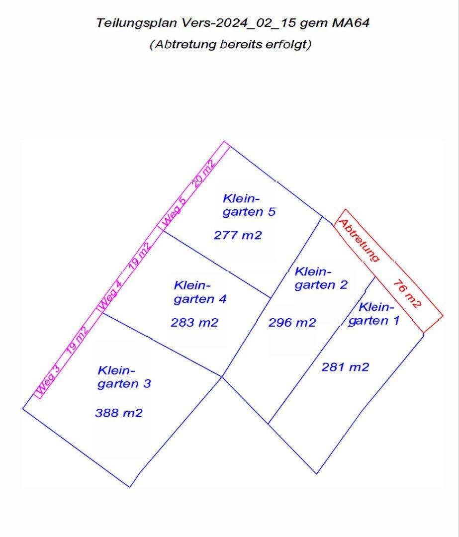 Teilungsplan mit mehreren Kleingartenparzellen und deren Flächenangaben in Quadratmetern.