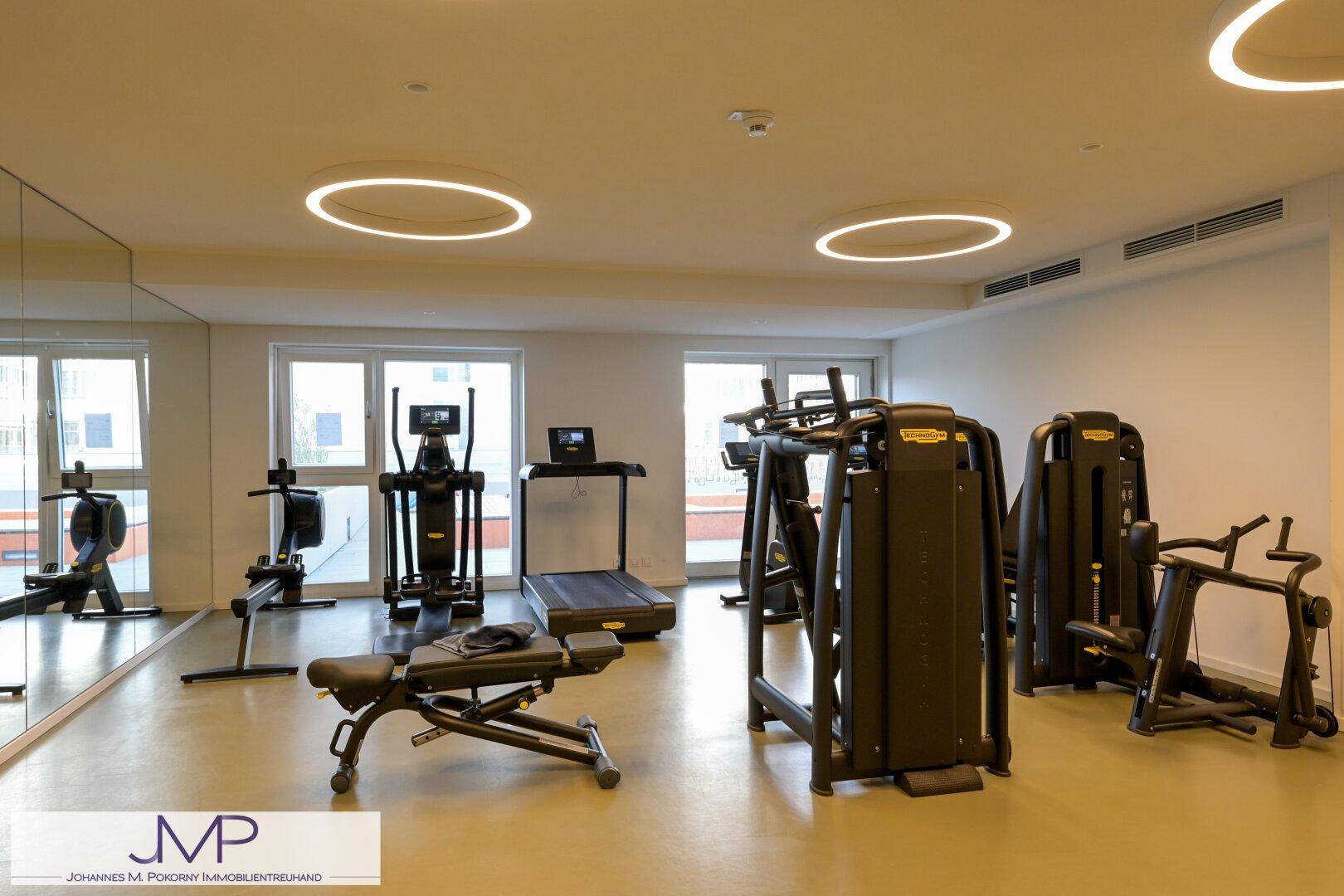 Gut ausgestatteter Fitnessraum mit modernen Trainingsgeräten, Spiegelwand und großen Fenstern.