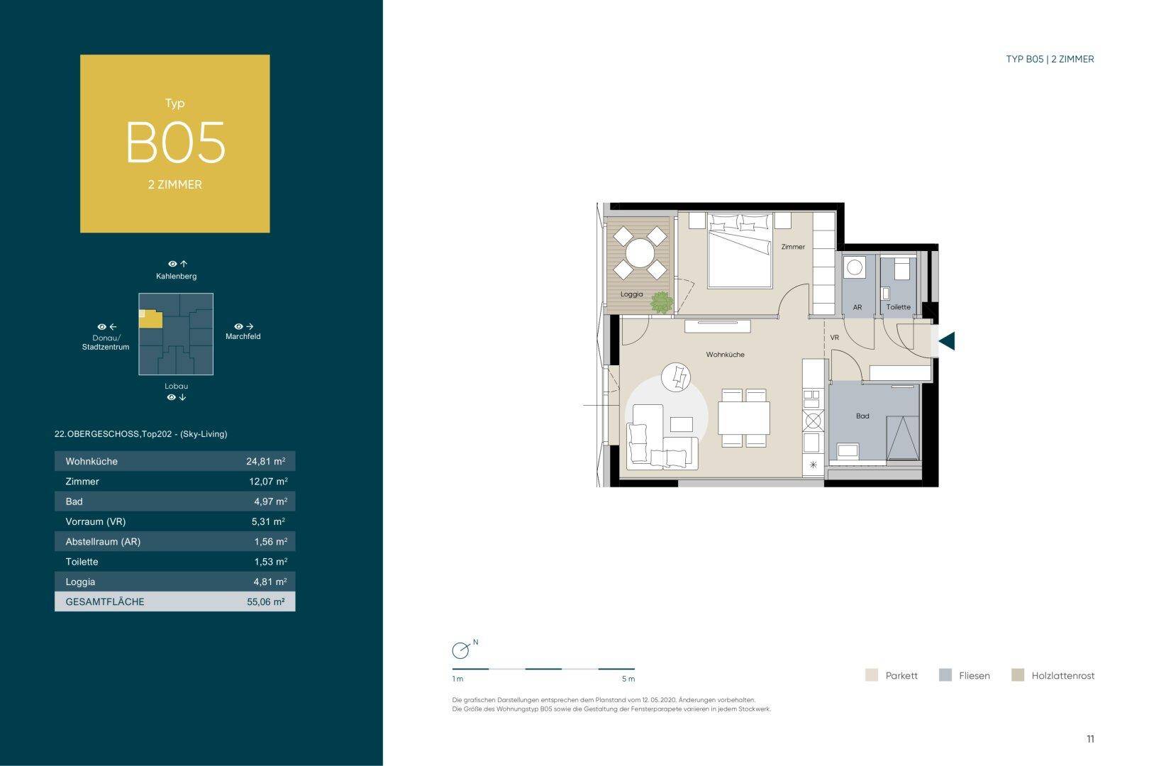 Grundriss Typ B05 mit zwei Zimmern, Loggia, offener Wohnküche und separatem WC.