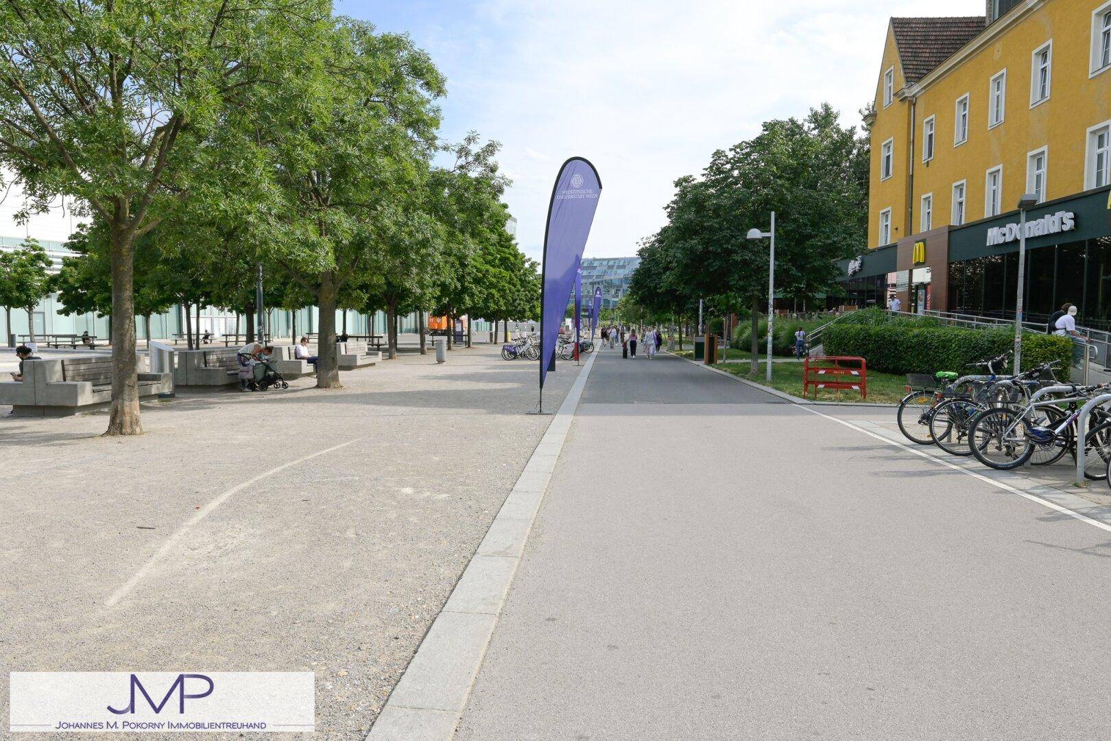 Weitläufiger Fußgängerbereich mit vielen Bäumen, Sitzgelegenheiten und einem Geschäft im Hintergrund.