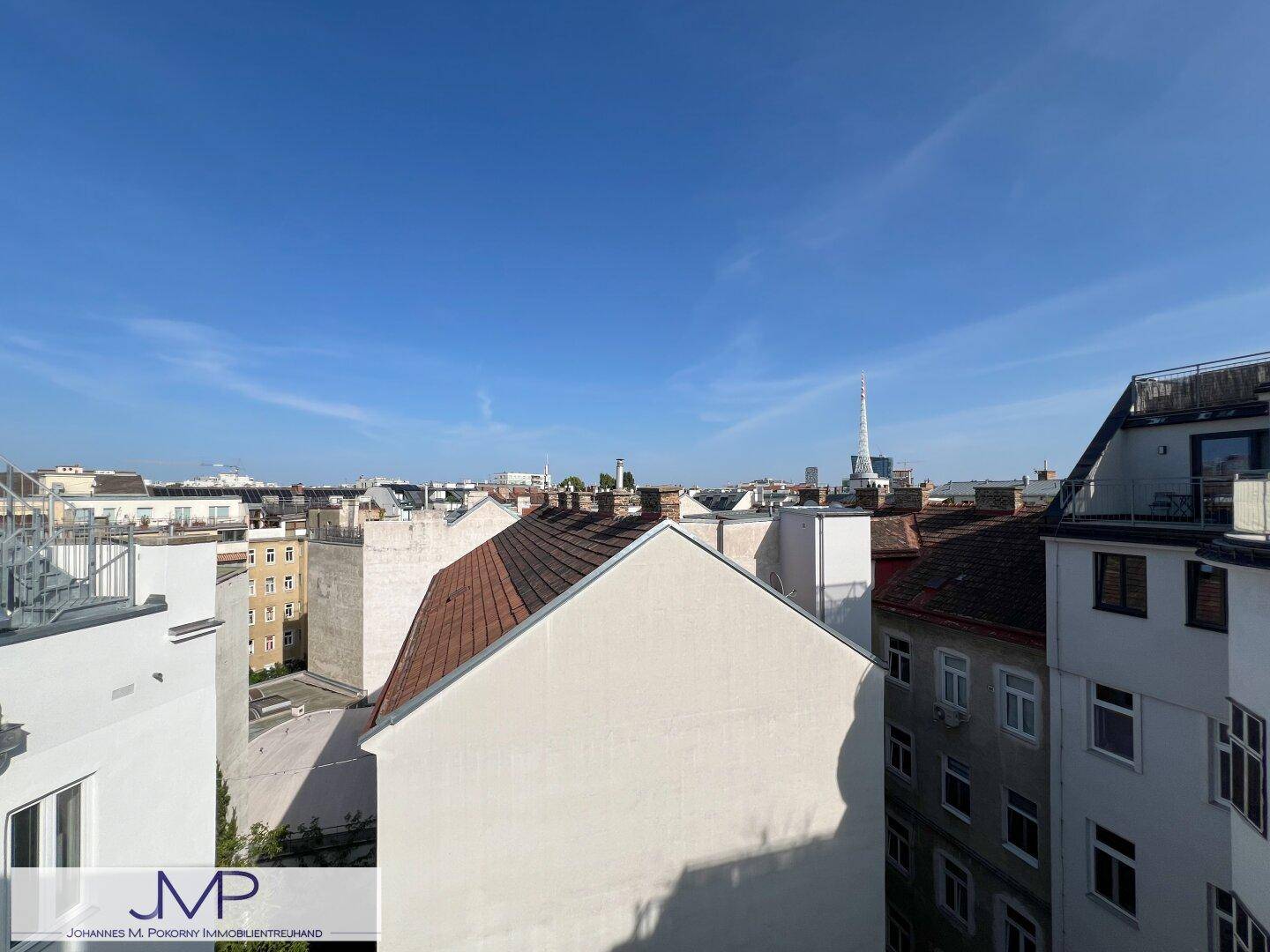 Blick über die Dächer der Stadt mit einem Fernsehturm am Horizont.