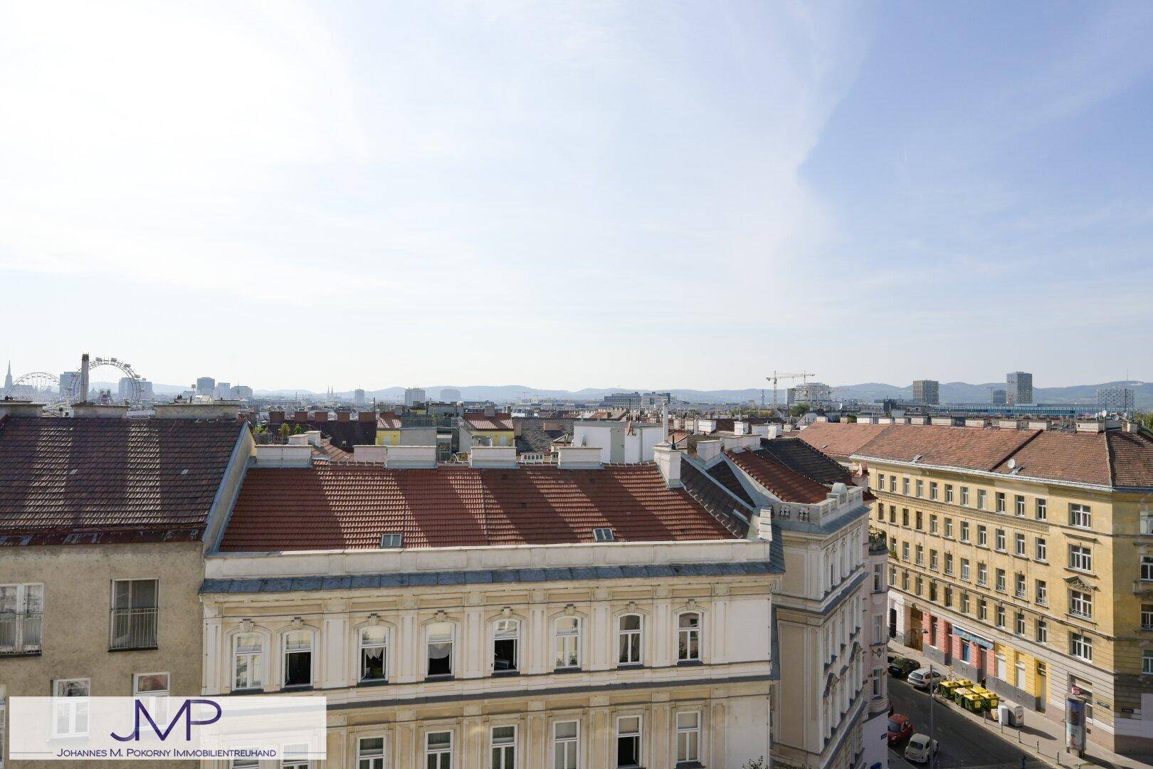 Weiter Blick über die Stadtlandschaft mit vielen Dächern und Gebäuden.