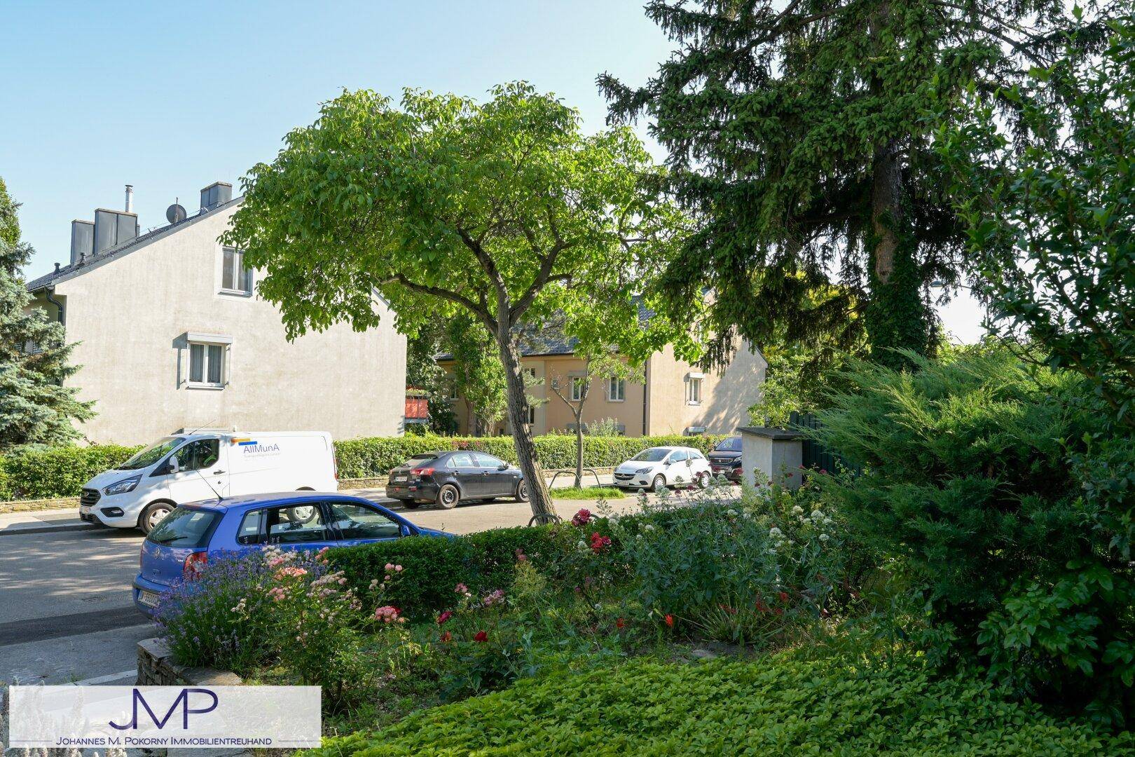 Blick auf die ruhige Wohnstraße mit parkenden Autos und üppigem Grün in der Umgebung.