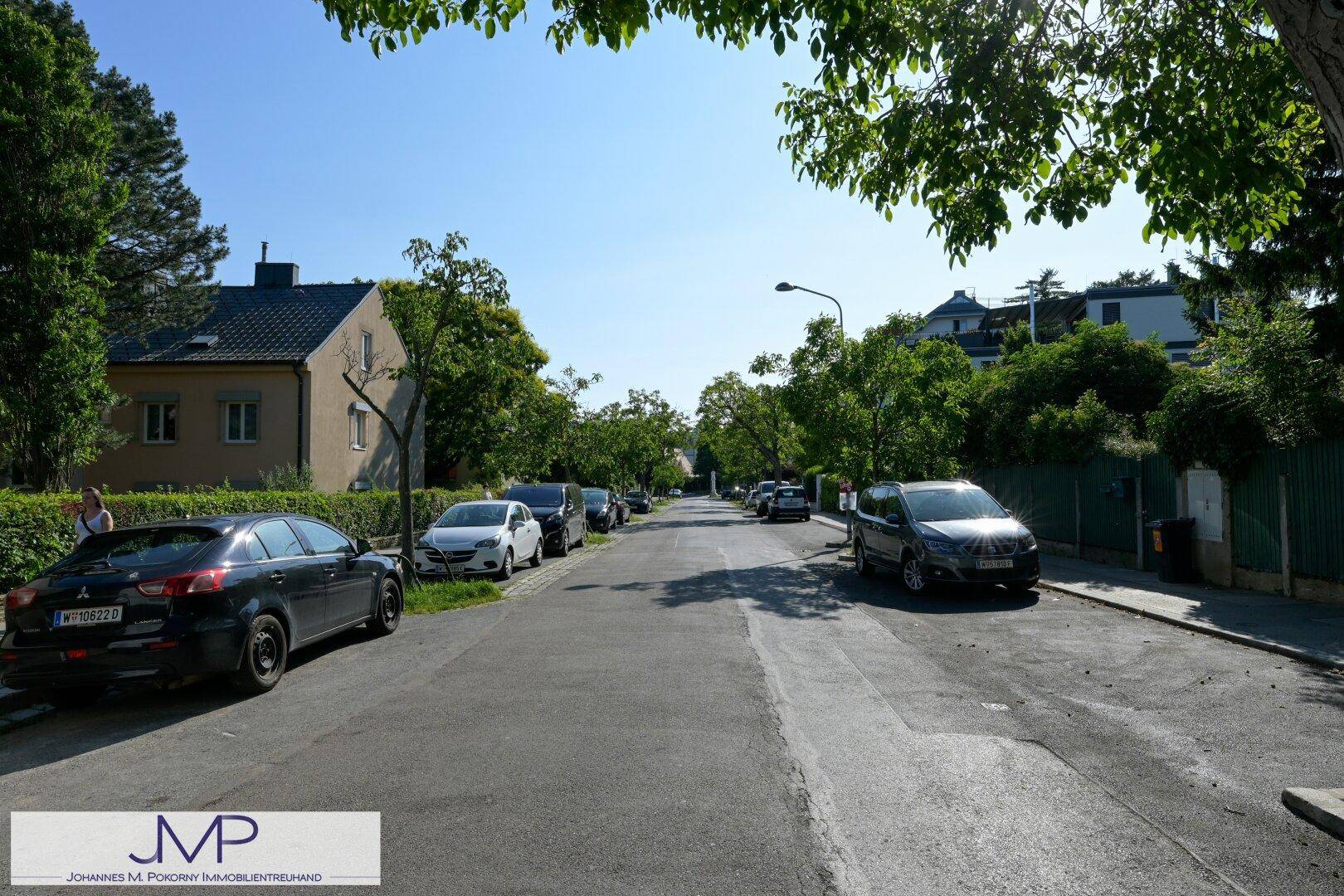 Ruhige Wohnstraße mit parkenden Autos, umgeben von Bäumen und gepflegten Häusern.