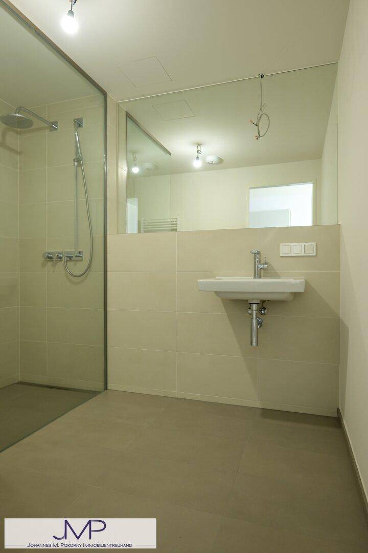 Modernes Badezimmer mit begehbarer Dusche, Waschbecken und großem Spiegel.