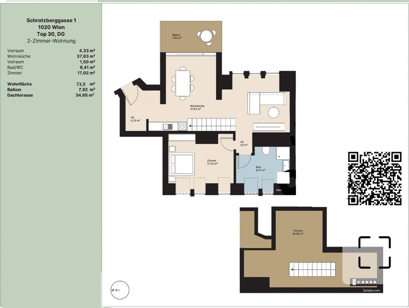 Grundriss einer 2-Zimmer-Wohnung mit Wohnküche, Balkon und großer Terrasse.