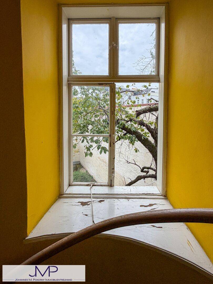 Fenster in einem gelben Flur mit Blick auf Bäume und den Innenhof.