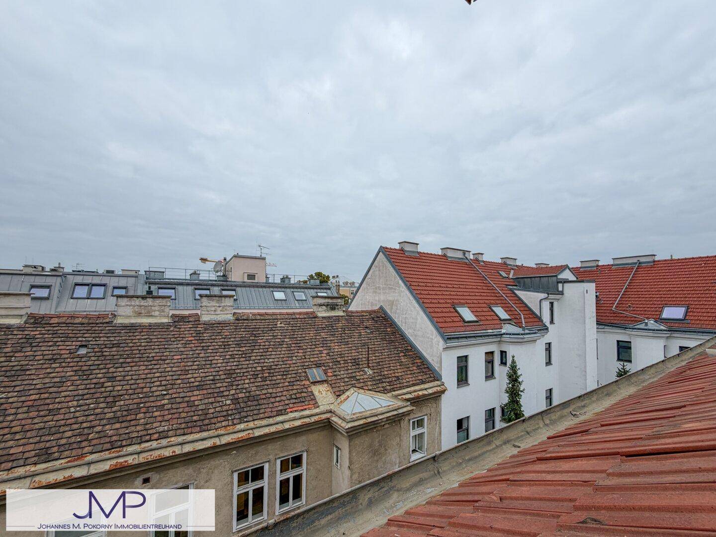 Panoramablick über die Dächer der Stadt mit verschiedenen Gebäudetypen und Dachformen.