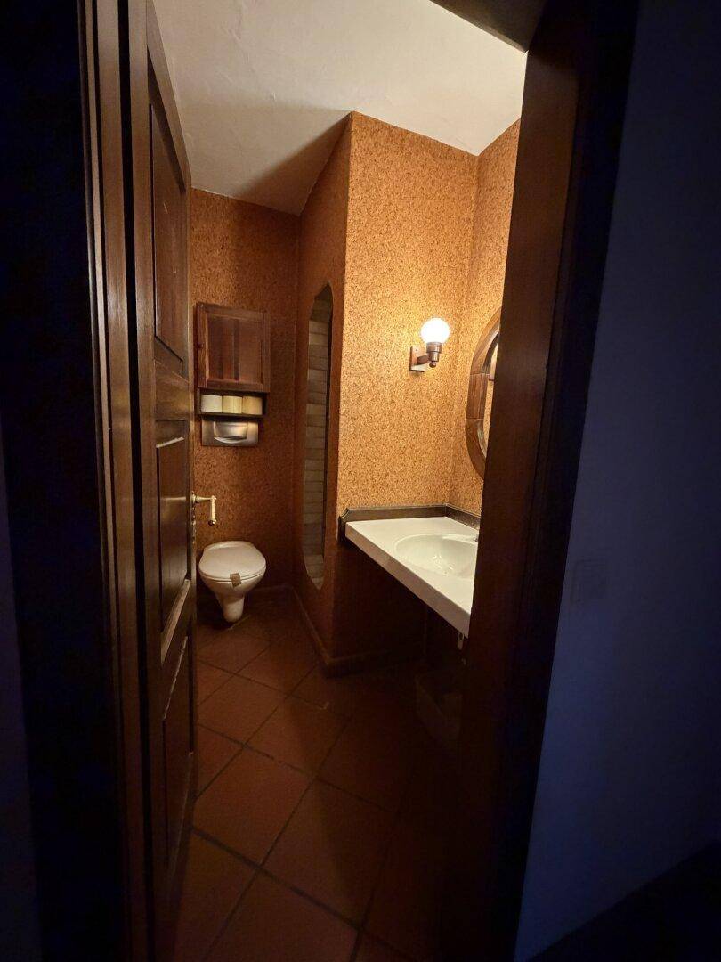 Kleines Gäste-WC mit Terrakottafliesen, einem Waschbecken und dunkler, strukturierter Wandverkleidung.