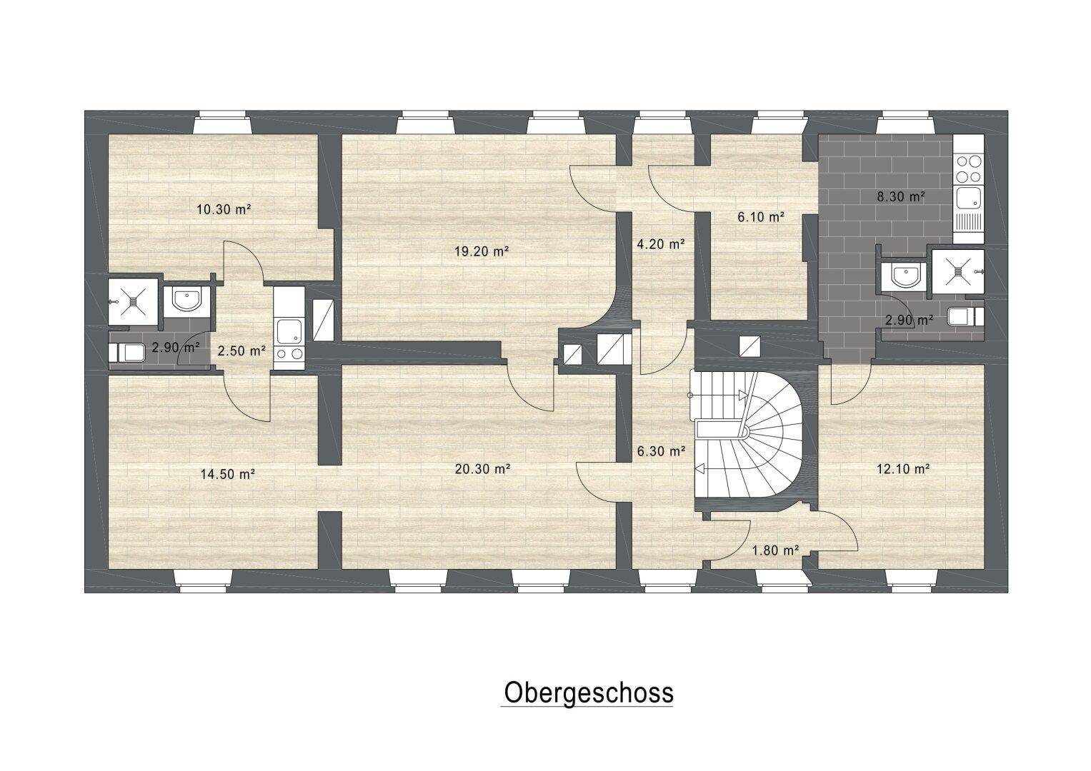 Grundriss des Obergeschosses mit mehreren Zimmern, einem Badezimmer und einer weiteren Küche.
