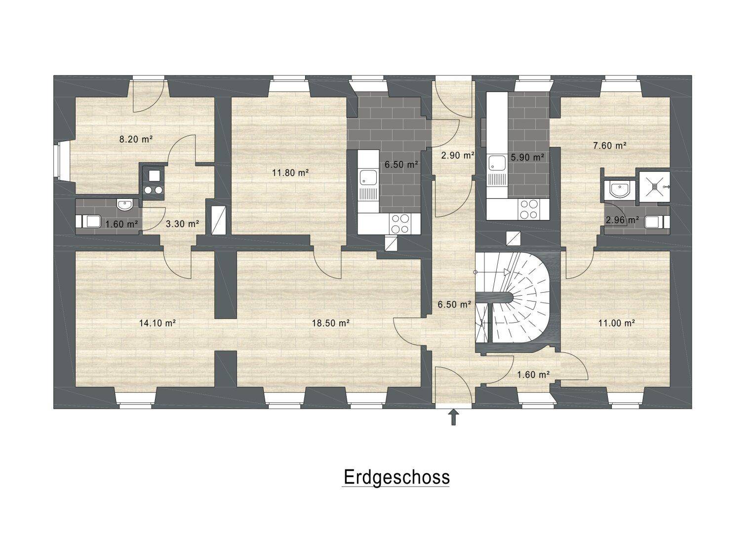 Grundriss des Erdgeschosses mit mehreren Räumen, zwei Küchenbereichen und einem Badezimmer.