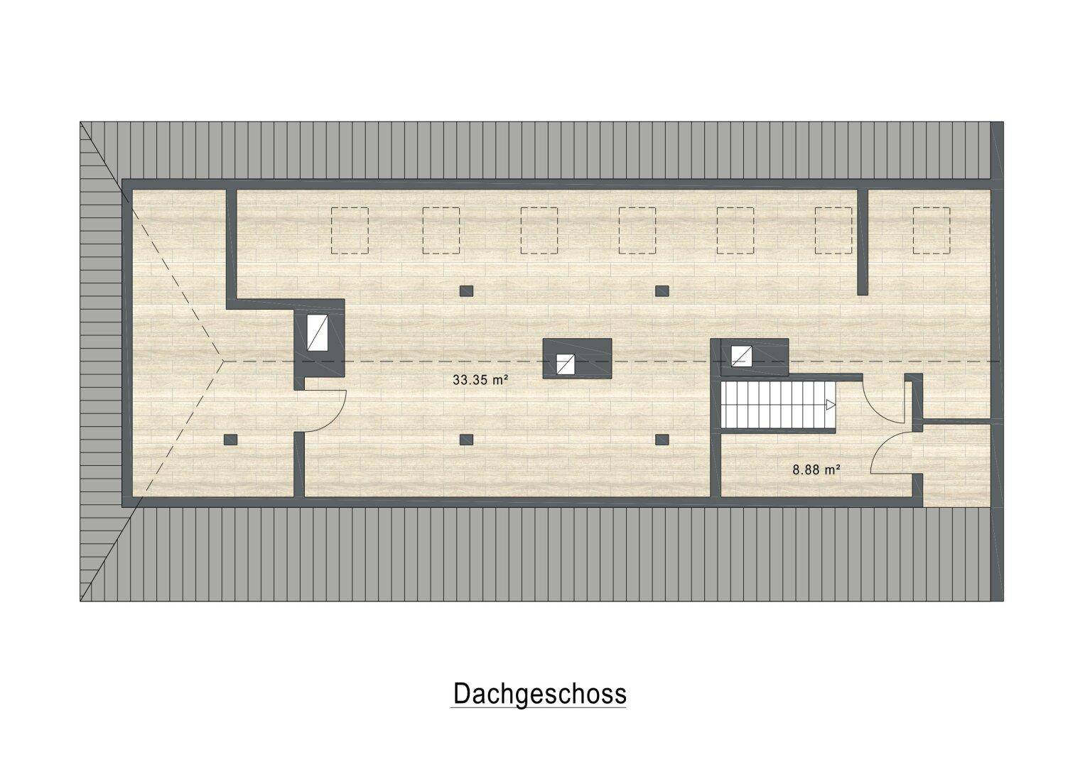 Grundriss des Dachgeschosses mit großem offenen Bereich und Dachschrägen.