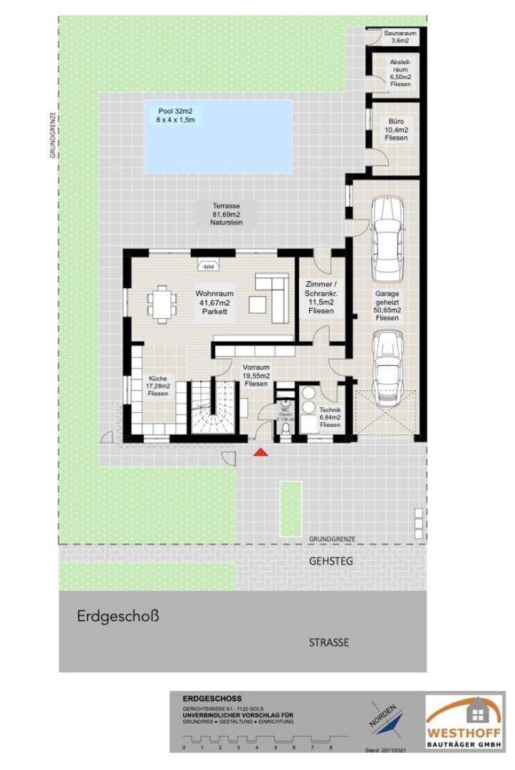 Grundriss des Erdgeschosses mit offenem Wohnbereich, Küche, Garage und Pool.