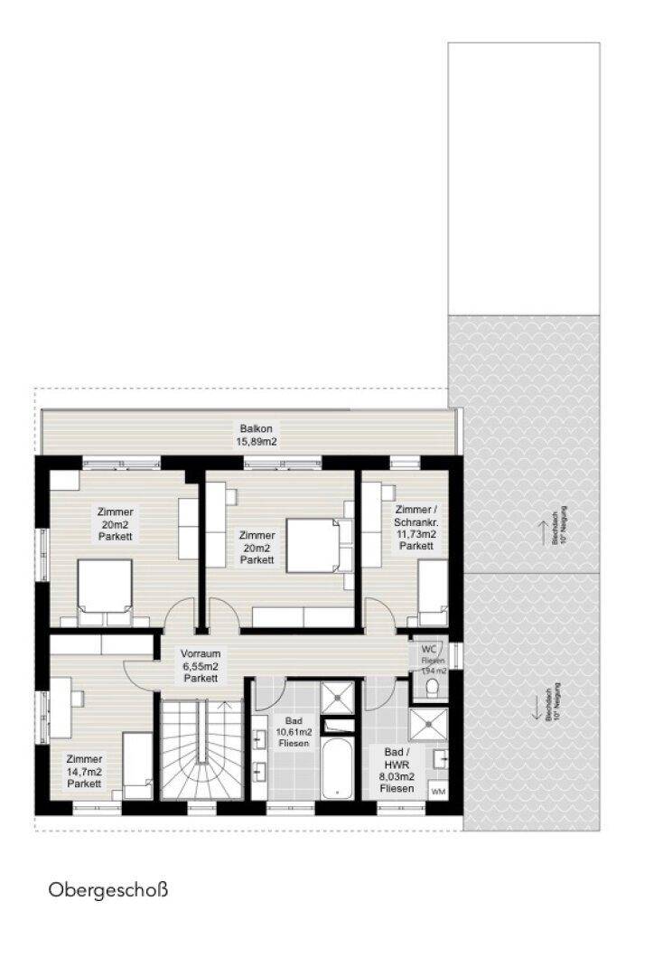 Grundriss des Obergeschosses mit mehreren Schlafzimmern, Bädern und einem Balkon.