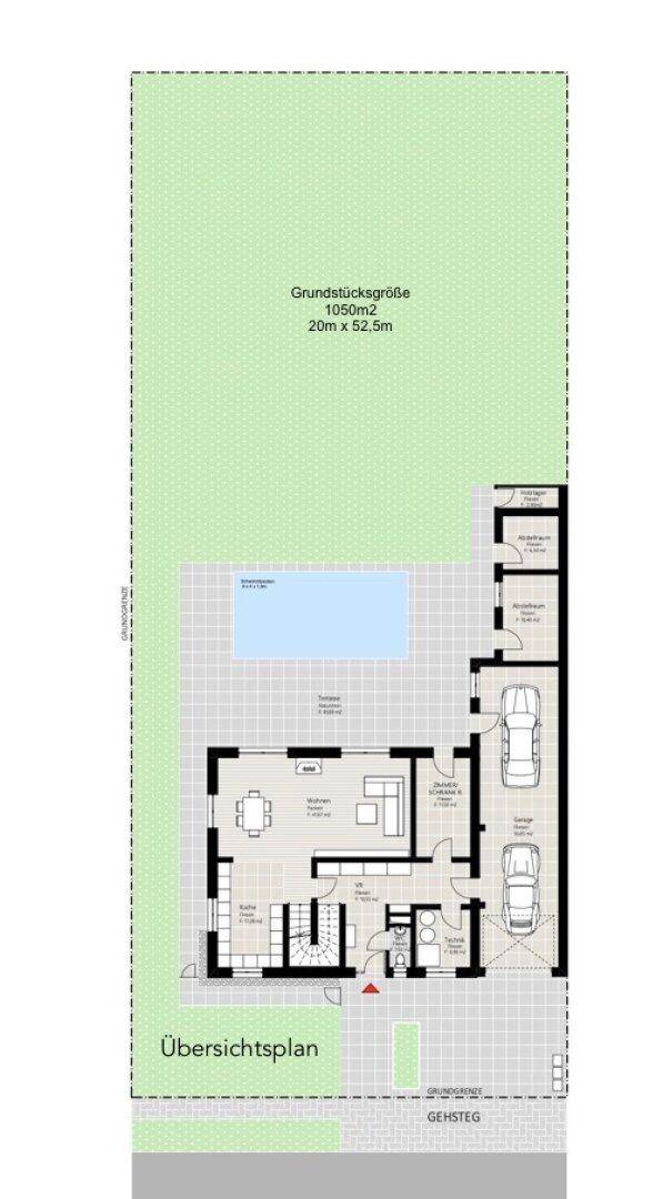 Übersichtsplan des Grundstücks mit Haus, Pool, Garten und Gesamtfläche von 1050m².