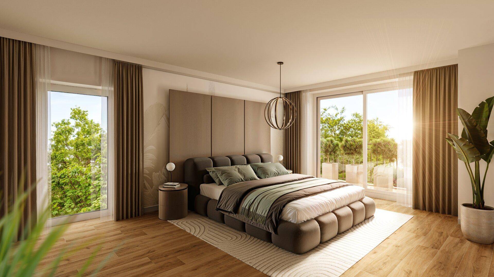Geräumiges Schlafzimmer mit großen Fenstern, Holzboden und direktem Zugang zur Terrasse.