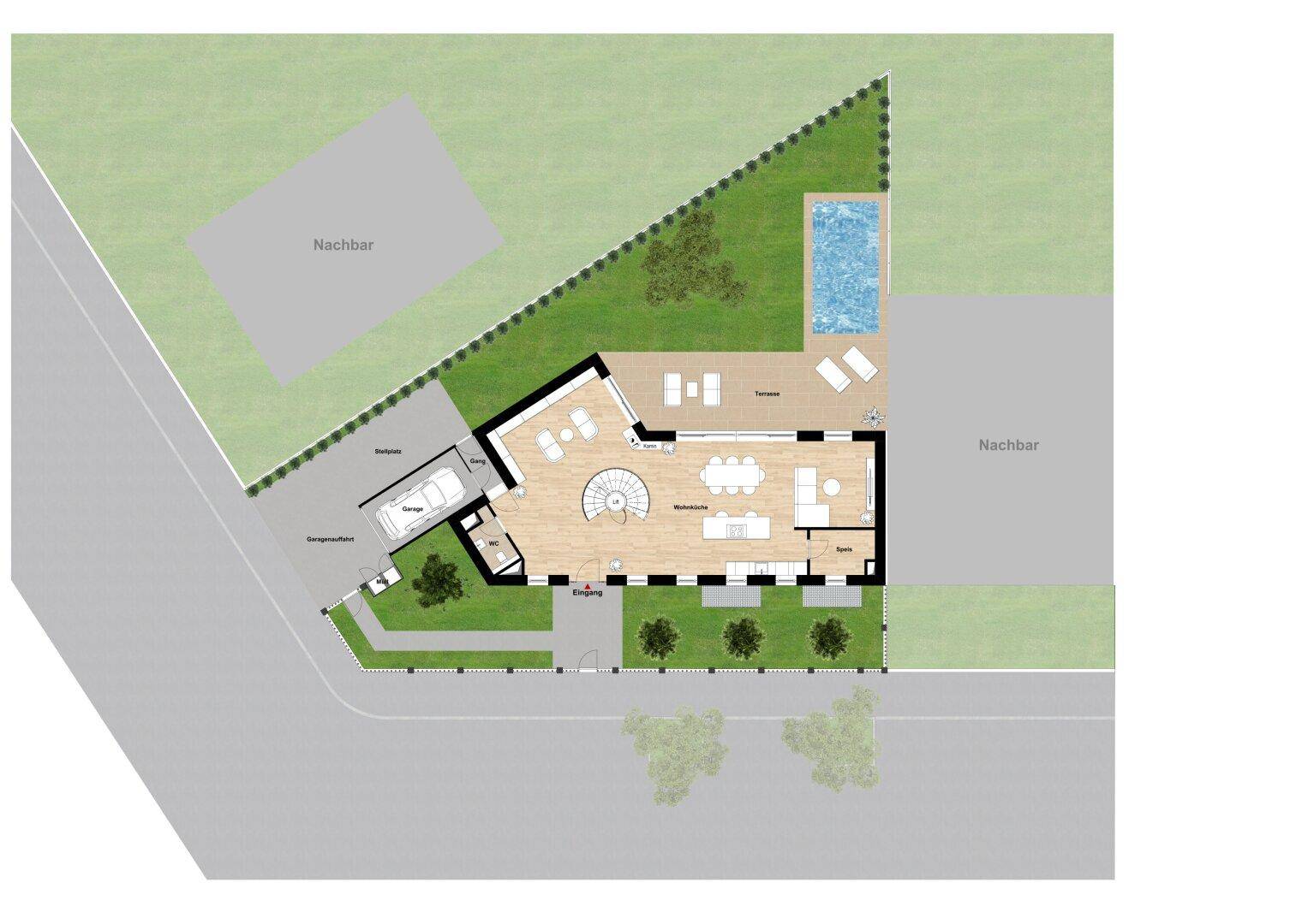 Grundriss des Erdgeschosses mit offenem Wohnbereich, Küche, Terrasse und Swimmingpool im Garten.